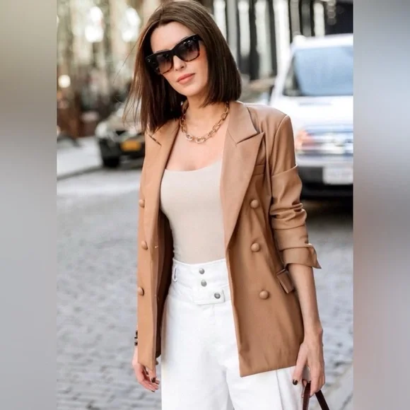 Blank NYC Women's Tan Faux Leather Blazer - Picture 3 of 5